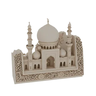 3D-модель декоративного барельефа мечети в исламском стиле с куполами, минаретами и орнаментами, выполненная в виде резьбы по