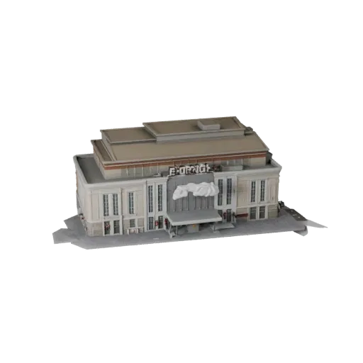 Высокополигональная 3D модель торгового центра, крупный план архитектурного рендера, показывающий общедоступные строительные