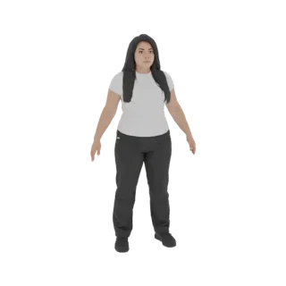 3D-модель женщины, стоящей в белой футболке и черных спортивных брюках на белом фоне.