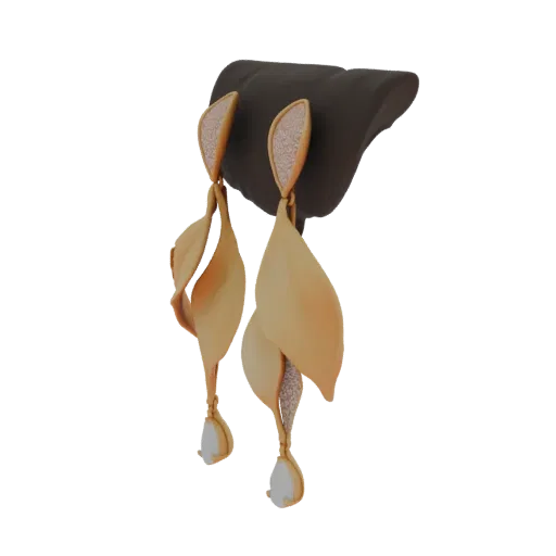 3D render of elegant gold leaf drop earrings with pearlescent gemstones, displayed on a dark stand.