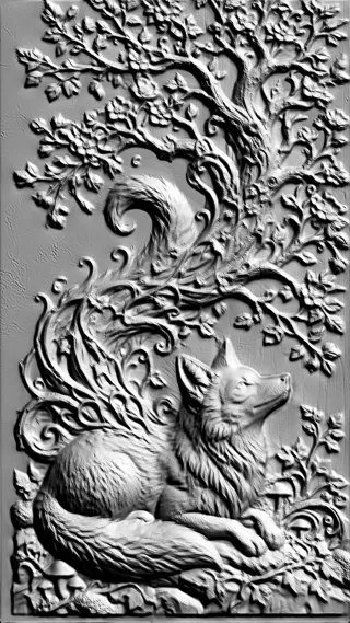 3D модель барельефа с изображением спящей лисы у корней дерева и белки на ветвях, выполненная в высоком рельефе.