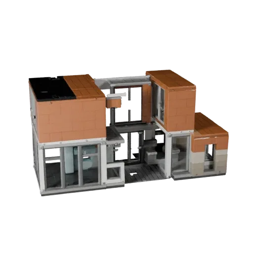 Модульный пригородный комплект, печатная STL 3D модель, изометрический вид, показывающий материалы модульного строительного к