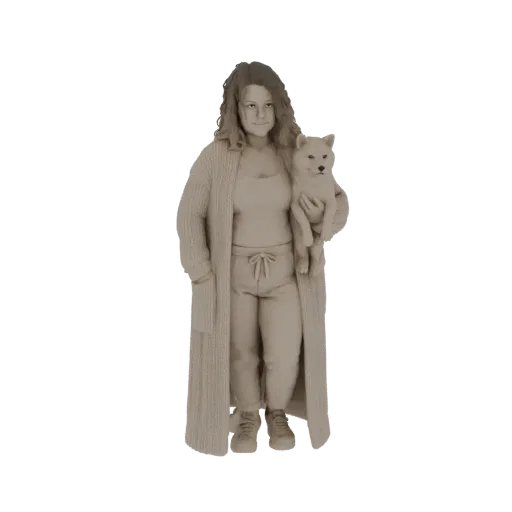 3D модель женщины в длинном вязаном кардигане и домашней одежде, держащей на руках собаку породы сиба-ину.