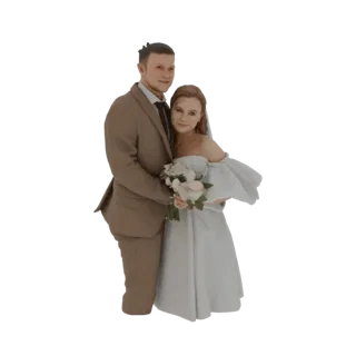 3D-модель свадебной пары, невеста в белом платье и жених в бежевом костюме, обнимаются и держат букет.