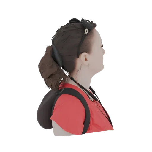 3D модель женщины сбоку, в красной футболке и черном рюкзаке, с темными волосами в хвосте.