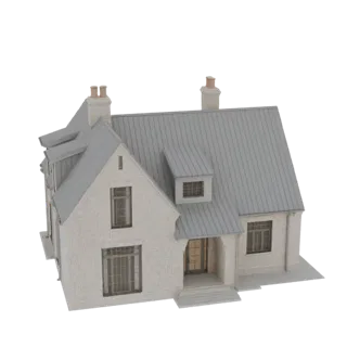 3D модель современного дома в европейском стиле с белым кирпичным экстерьером, двускатной крышей и мансардным окном на белом