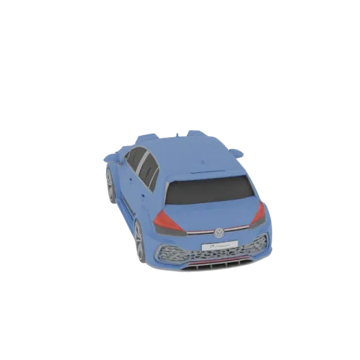 Вид сзади-три четверти синей 3D модели Volkswagen Golf GTI с боди-китом, демонстрирующий его спортивный дизайн.