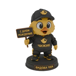 3D модель маскота Чижика, желтого цыпленка в черной толстовке и кепке, держащего табличку 'С Днем Рождения'.