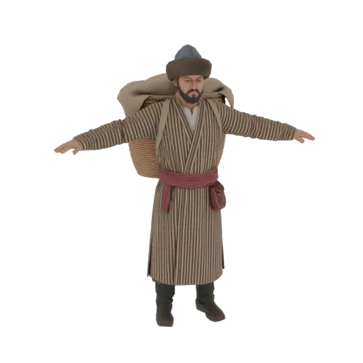 3D модель средневекового торговца с бородой, в полосатом халате и шляпе, с большой плетеной корзиной за спиной.