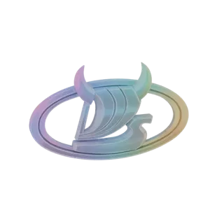 3D-рендер логотипа-эмблемы корабля викингов с мерцающим радужным покрытием на белом фоне.