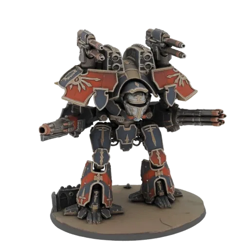Рендер 3D модели детализированного миниатюрного Титана класса Warhound, окрашенного в темно-синий, красный и золотой цвета, с