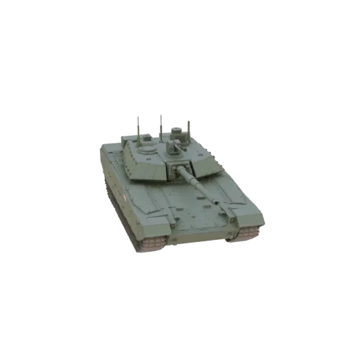 3D модель современного основного боевого танка оливкового цвета, вид спереди под углом три четверти на черном фоне.