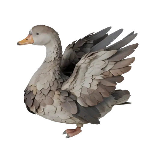 3D модель гуся, вид сбоку игровой камеры, готовый для Unity ассет животного с профилем клюва, слоистым оперением, кроющими пе