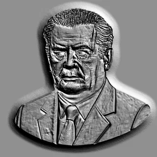 3D модель барельефа мужчины в костюме, выполненного в стиле гравюры, с выразительными чертами лица и детализированной одеждой