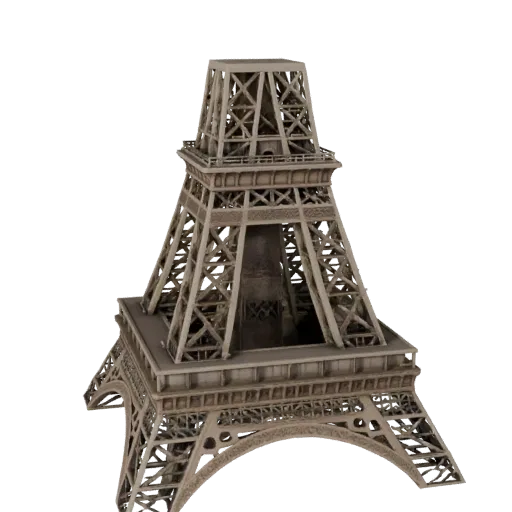 Высокополигональная 3D модель Эйфелевой башни, вид крупным планом архитектурного рендера, показывающий материалы структуры до