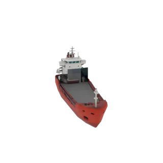 3D модель красного сухогруза с белой надстройкой, вид под небольшим углом сверху.