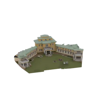 3D модель желтого особняка с зеленой крышей, расположенного на зеленом газоне, вид под небольшим углом.