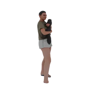 3D модель женщины с короткими волосами в зеленой футболке и белых шортах, держащей черную кошку на руках.