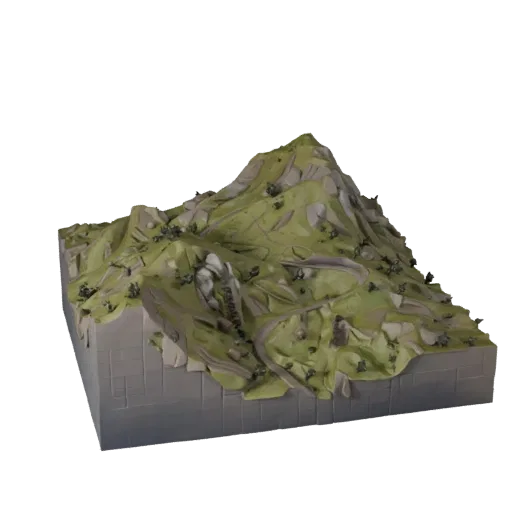 3D модель горного серпантина Unity, изометрический вид, показывающий слои почвы, каменные грани.