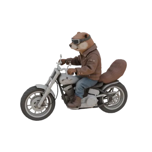 3D модель коричневой выдры в кожаной куртке и очках, едущей на мотоцикле.