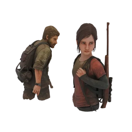 3D модель Джоэла и Элли из The Last of Us, стоящих рядом в постапокалиптической обстановке.