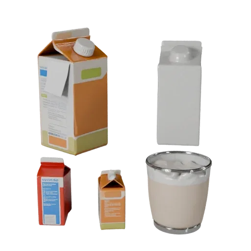 3D-модель молочного пакета для снеков, студийный рендер продукта в трехчетвертном ракурсе, показывающий картон, массу упаковк
