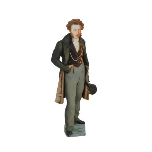 3D модель джентльмена XIX века в темном пальто и жилете, держащего цилиндр, стоящего на текстурированном основании.