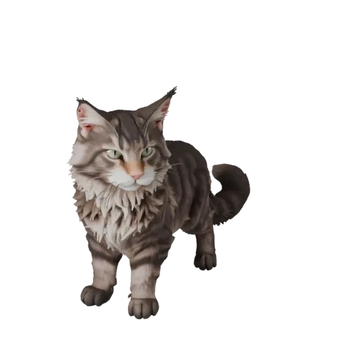 3D-модель мультяшного Мейн-куна, рендер дикой природы сбоку, стилизованный ассет животного с четкой анатомией, естественной м
