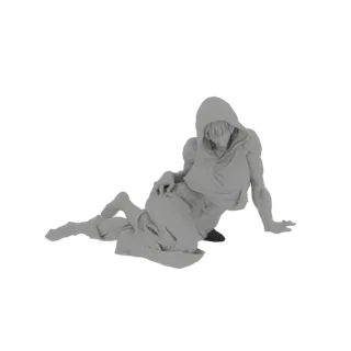 3D модель фигуры в капюшоне, лежащей на боку, с одной рукой, покоящейся на ноге, и другой, вытянутой в сторону.