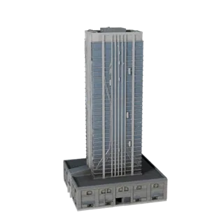 Роскошный небоскреб-башня реалистичная 3D модель, вид с трех четвертей снаружи, показывающий материалы коммерческого офисного