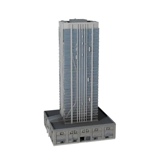 Роскошный небоскреб-башня реалистичная 3D модель, вид с трех четвертей снаружи, показывающий материалы коммерческого офисного