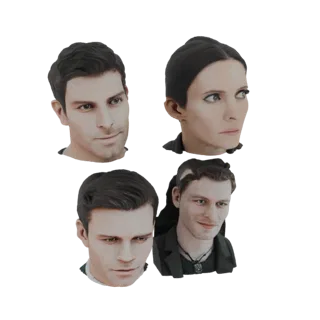 AI-сгенерированная 3D-модель с четырьмя разными бюстами персонажей: два мужских, один женский и еще один мужской, расположенн