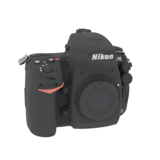 3D модель черной зеркальной камеры Nikon D700, вид с трехчетвертного ракурса на черном фоне.