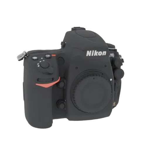 3D модель черной зеркальной камеры Nikon D700, вид с трехчетвертного ракурса на черном фоне.