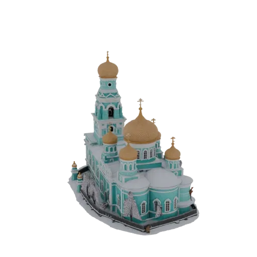 3D модель русской православной церкви с золотыми куполами, бирюзово-белым фасадом, покрытая снегом, на белом фоне.