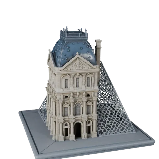 Реалистичная 3D модель стеклянной пирамиды Лувра, вид с трех четвертей снаружи, показывающий материалы структуры достопримеча