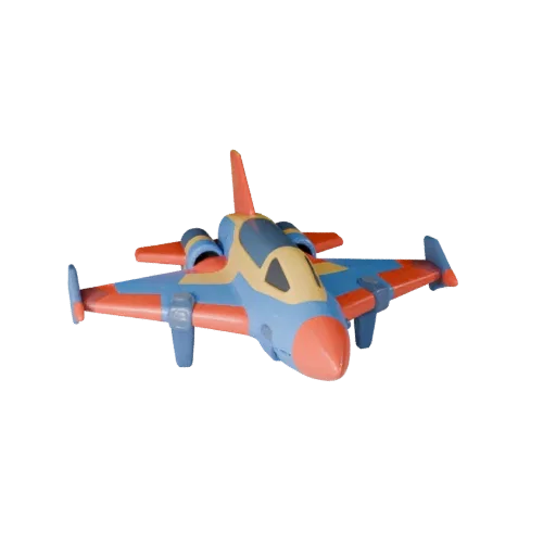 3D-модель мультяшного истребителя, трехчетвертной студийный вид, стилизованный актив транспортного средства с силуэтом миссии