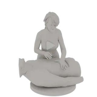 3D модель женщины-массажиста, делающей массаж пациенту, в нейтральном сером материале.
