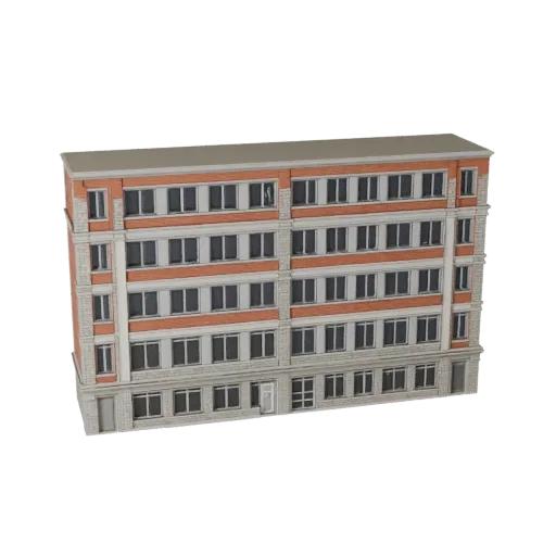Печатная STL 3D модель фасада офиса, изометрический вид, показывающий материалы фасада здания и архитектурные детали