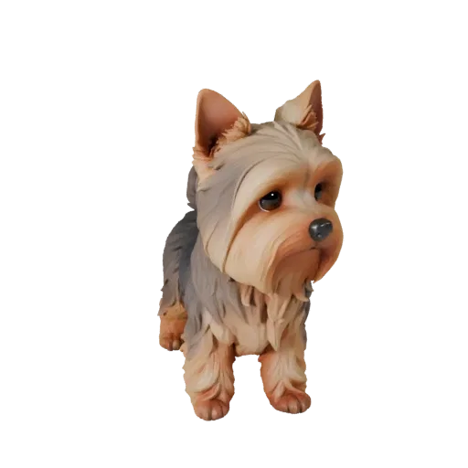 Мультяшная 3D-модель йоркширского терьера, вид сбоку, стилизованный ассет животного с направлением шерсти, объемом груди, стр