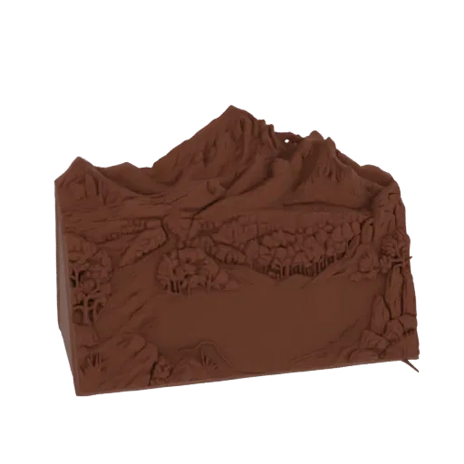 3D модель детализированного горного ландшафта с вершинами, лесами и рекой.