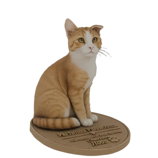 3D модель рыжего полосатого кота, сидящего на круглой гравированной подставке с отпечатком лапы.