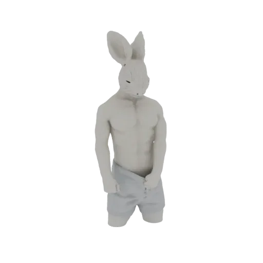 3D модель мускулистого антропоморфного кролика с большими ушами, в шортах светлого цвета.