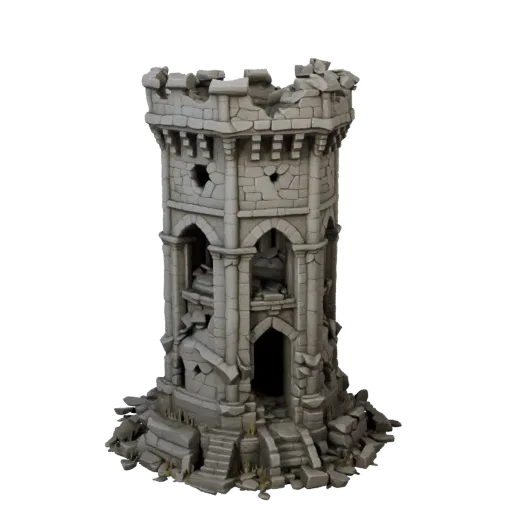 Реалистичная 3D модель основания разрушенной башни, рендер окружения в три четверти, показывающий старый камень, остатки пост