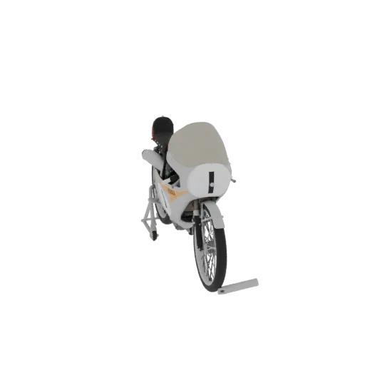 3D модель винтажного гоночного мотоцикла с заметным бежевым обтекателем и номером '1' спереди.