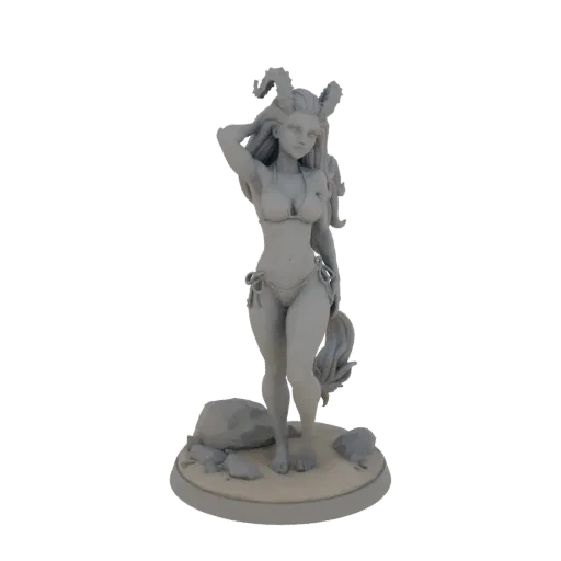 3D модель фавнессы в бикини с рогами и хвостом, стоящей на скалистом основании.
