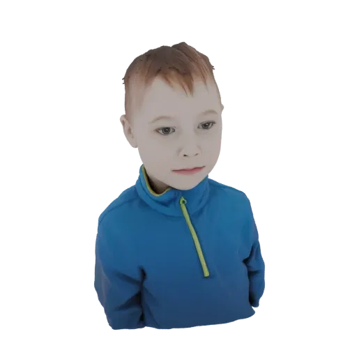 3D модель мальчика со светло-каштановыми волосами в синей куртке-поло с зеленой молнией, смотрящего вниз.