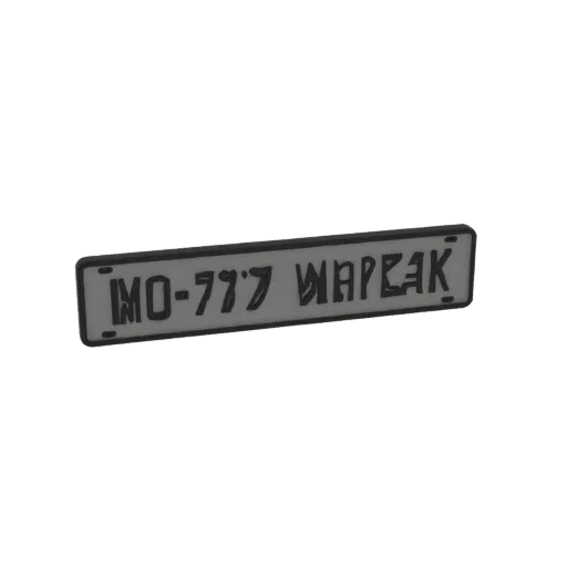 3D модель номерного знака с текстом 'IMO-777 WAPEAK' стилизованным шрифтом, с металлическим покрытием.