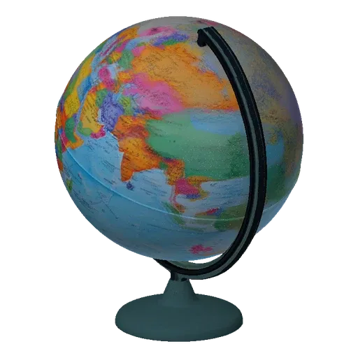 3D модель красочного обучающего глобуса с черной подставкой, показывающая Африку и Европу.