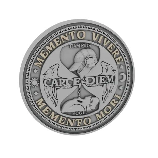 Рендер 3D модели монеты "Memento Mori" с надписями 'Memento Vivere' и 'Carpe Diem', изображением песочных часов, черепа и кол